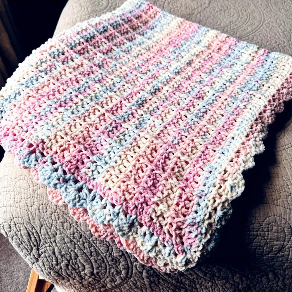 Crochet Baby Blanket Handmade Pastel Pink Blue White Super Soft Yarn 38x38 Throw